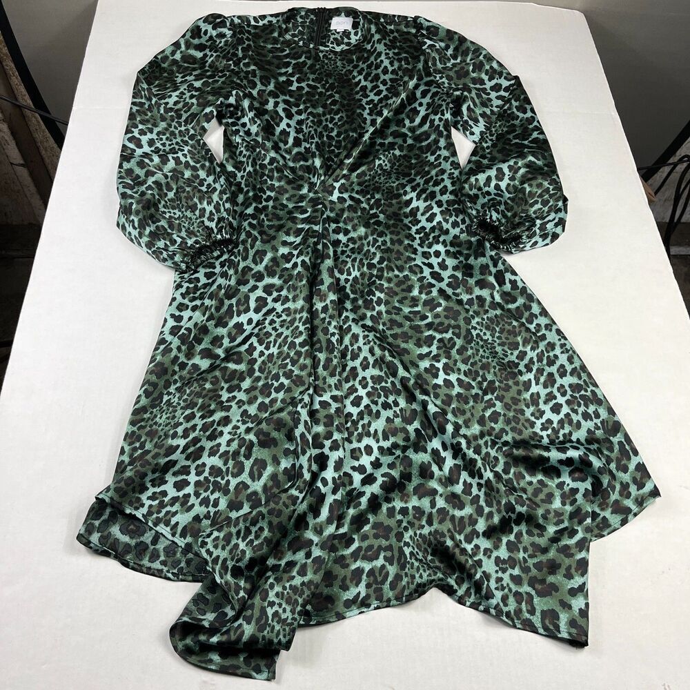 Sen A-Line Midi Dress Animal Print Asymmetric Long Sleeve Cinched Waist  SMALL